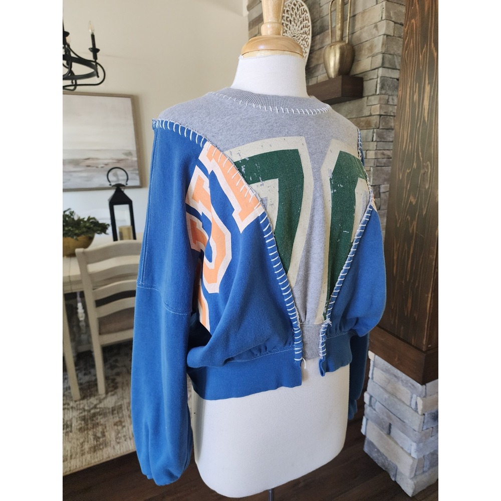 BDG Urban Outfitters Patchwork Varsity Sweatshirt Blue Grey XS Cropped Stitch